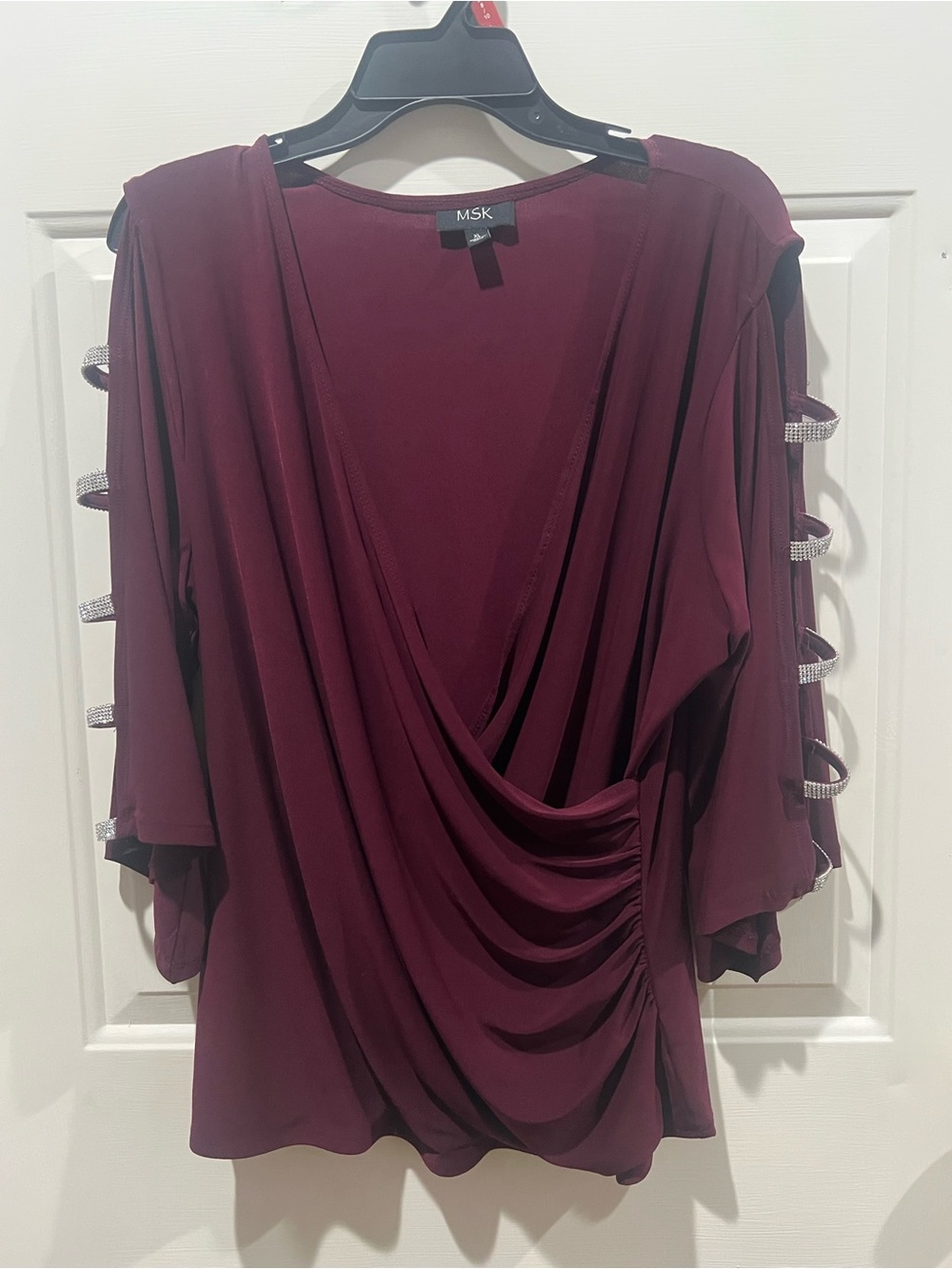 MSK Women's Burgundy Draped V-Neck Blouse with Embellished Sleeve Cutouts